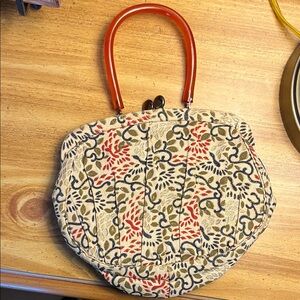 Vintage Floral Patterned Handbag with Red Handles